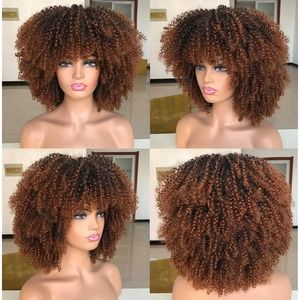 Afro Curly Short Wig With Bangs Ombre Honey Blonde